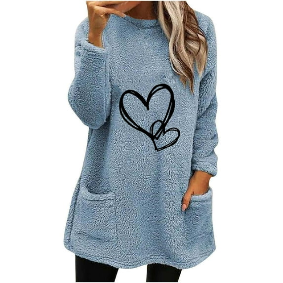 Kaemgyyd Fuzzy Sweatshirt for Women Winter Fashion Long Sleeve Sherpa Pullover Casual Mock Neck Print Fleece Tops with Pockets