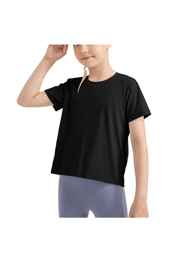 Girls Athletic Tops Children Fashion Tie Back Short Sleeve Workout T Shirt Loose Quick-Dry Crew Neck Sports Tee 4-12 Y