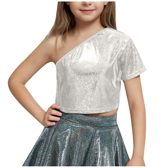 Kaemgyyd Girls Sequin Outfit Cute Short Sleeve Glitter Dancewear Stylish One-Shoulder Sparkle Party Clubwear for Toddler 3-16 Years