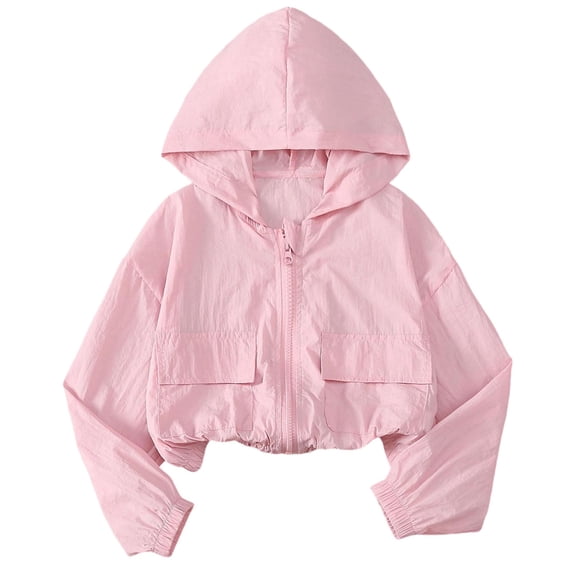 Kaemgyyd Girls Zip up Jackets Cropped Sun Protection Coat Hooded Cargo Lightweight Outerwear Workout Athletic for 5-14 Years