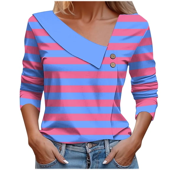 Kaemgyyd Going out Tops for Women Fashion Asymmetrical Neck Shirt Striped Long Sleeves Casual Color Block Pullover