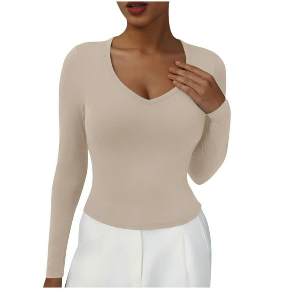 Kaemgyyd Going out Tops for Women Long Sleeve Shirt Stretchy Slim Fitted Cropped V Neck Pullover Base Layer Basic Tee Fall Outfit