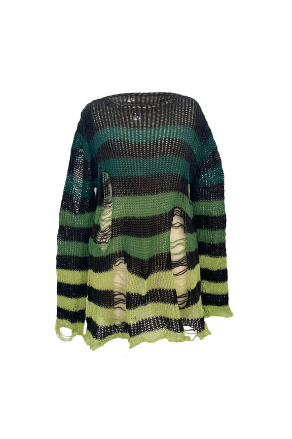 Gothic Sweater for Women Trendy Loose Hollow out Knit Pullover Vintage Striped Long Sleeve Tops