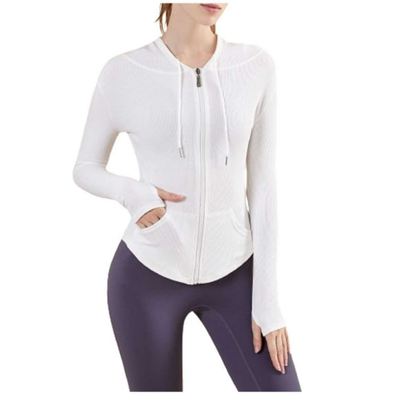 Kaemgyyd Gym Shirts Woman Lightweight Zip up Yoga Jacket Cropped Athletic Slim Tops Workout Long Sleeve Hoodie with Pocket