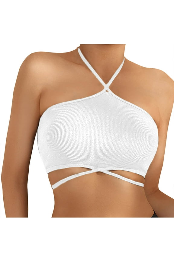Halter Bra for Women Wireless Seamless Padded Backless Bralette Solid Color Ribbed Hollow out Everyday Bra
