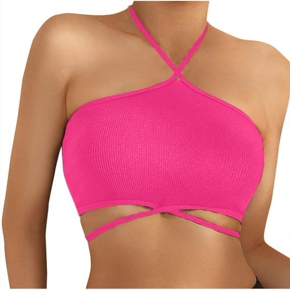 Kaemgyyd Halter Bra for Women Wireless Seamless Padded Backless Bralette Solid Color Ribbed Hollow out Everyday Bra