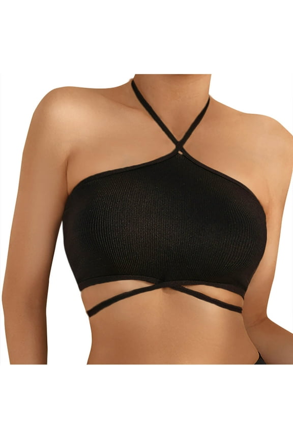 Halter Bra for Women Wireless Seamless Padded Backless Bralette Solid Color Ribbed Hollow out Everyday Bra