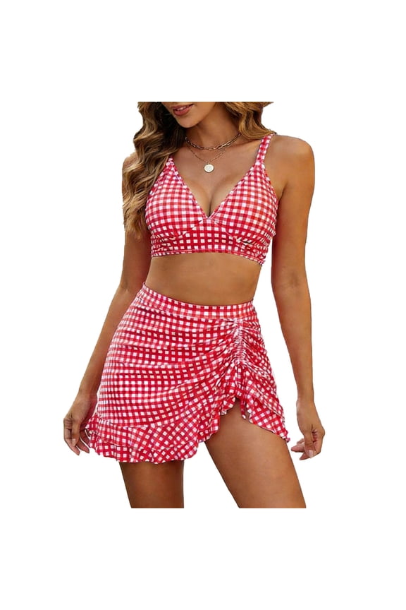 High Waisted Bikini Sets for Women 2 Piece Swimwear Triangle High Cut Swimsuit Plaid Swim Skirt Swimsuit Beachwear