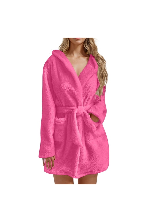 Hooded Robes for Women Plush Fleece Long Sleeve Kimono Soft Bathrobe Fall Winter Warm Short Robe Lounge Sleepwear with Belt