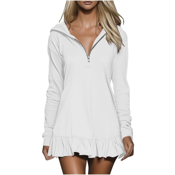 Kaemgyyd Hoodie Dresses for Women Oversized Half Zip Sweatshirt Dress Casual Ruffle Hem Long Sleeve Pullover Dresses Fall Winter