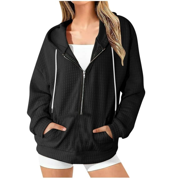 Kaemgyyd Hoodies for Women Casual Drawstring Half Zip Pullover Loose Long Sleeve Trendy Solid Color Sweatshirt with Pockets