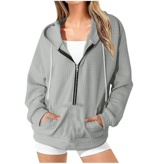 Kaemgyyd Hoodies for Women Casual Drawstring Half Zip Pullover Loose Long Sleeve Trendy Solid Color Sweatshirt with Pockets