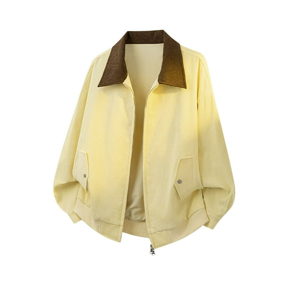 Kaemgyyd Jacket for Men Oversized Corduroy Vintage Full Zip Lapel Coat Color Block Long Sleeve Outwear with Pocket