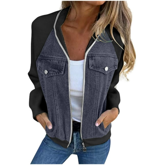 Kaemgyyd Jacket for Women Fashion Casual Patchwork Button Denim Coat with Pocket Loose Long Sleeve Zip up Fall Outwear