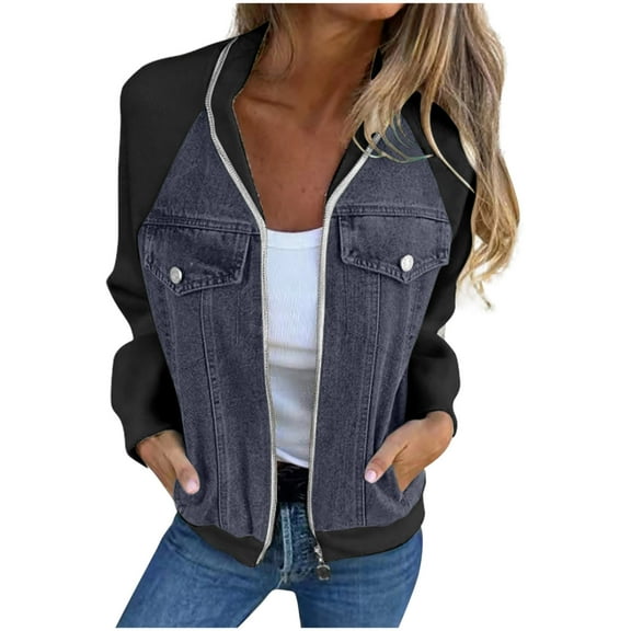 Kaemgyyd Jacket for Women Fashion Casual Patchwork Button Denim Coat with Pocket Loose Long Sleeve Zip up Fall Outwear