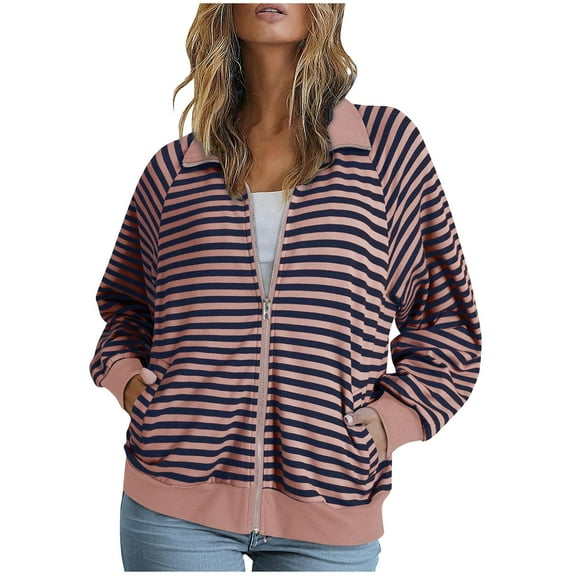 Kaemgyyd Jackets for Women Lightweight Casual Long Sleeve Lapel Zip up Coat Stripe Printing Loose Outerwear with Pockets