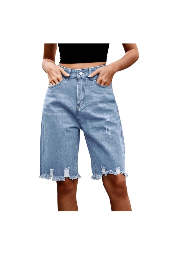 Jean Shorts for Women High Waisted Stretchy Straight Leg Denim Shorts Fashion Ripped Capris Summer Casual Clothes