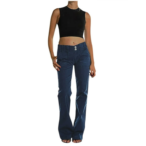 Kaemgyyd Jeans for Women Casual Fashion Low Rise Stretch Denim Pants Trendy Button Wide Leg Trousers with Pockets