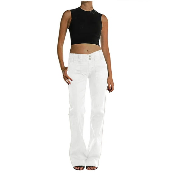 Kaemgyyd Jeans for Women Casual Fashion Low Rise Stretch Denim Pants Trendy Button Wide Leg Trousers with Pockets