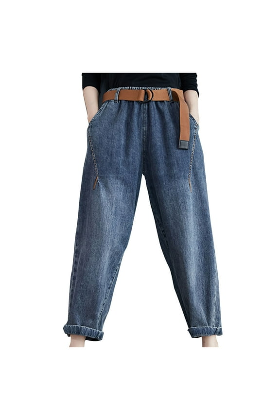 Jeans for Women Loose Wide Leg Jeans Baggy Vintage Elastic Waist Denim Pants with Pockets Fall