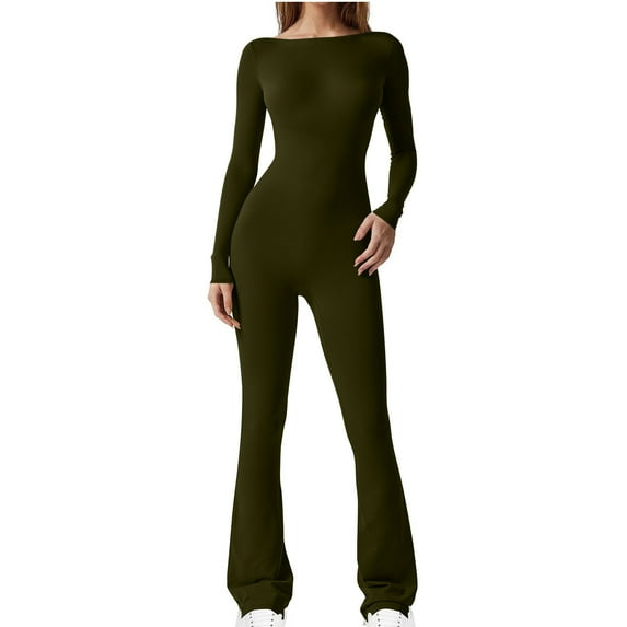 Kaemgyyd Jumpsuits for Women Bell Bottoms Flare Yoga Workout Rompers Long Sleeve Wide Leg Bodysuit Solid Bodycon Playsuit