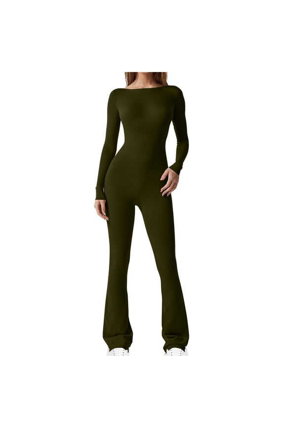 Jumpsuits for Women Bell Bottoms Flare Yoga Workout Rompers Long Sleeve Wide Leg Bodysuit Solid Bodycon Playsuit