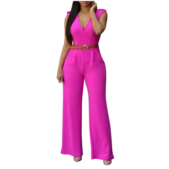 Kaemgyyd Jumpsuits for Women Fall Fashion V Neck Sleeveless Wide Leg Long Pants Rompers Fashion Work One-Piece Outfit