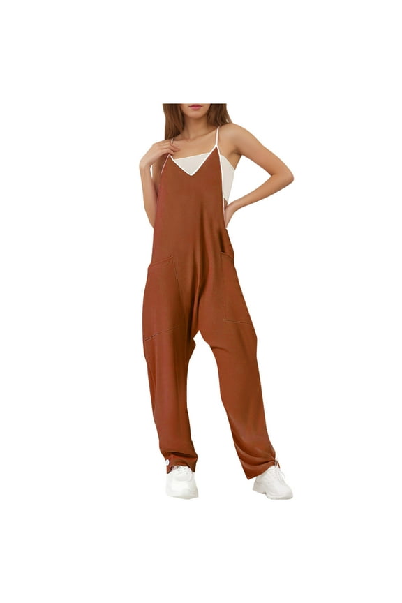 Jumpsuits for Women Loose Casual V Neck Sleeveless Overalls Palazzo Spaghetti Straps Pockets Pants Rompers