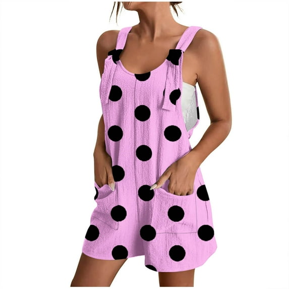Kaemgyyd Jumpsuits for Women Summer Casual Polka Dot Sleeveless Romper Loose Pockets Vacation Beach One-Piece Outfits