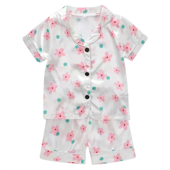 Kaemgyyd Kids Satin Pajamas Sets Girls Boys Summer Pjs Outfit Cute Print Button down Top Shorts Silk Nightwear 2 Piece Lounge Sets 3-8 T