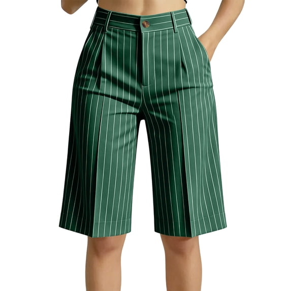 Kaemgyyd Knee Length Bermuda Shorts for Women Striped Dressy Casual Shorts High Waisted Wide Leg Shorts with Button Pockets