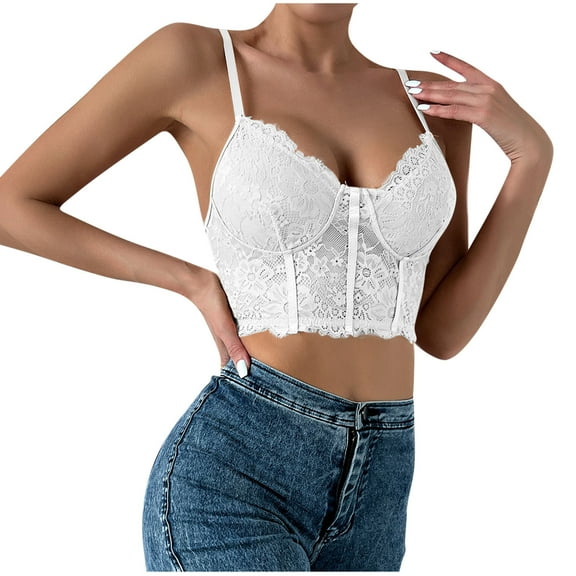 Kaemgyyd Lace Corset Top for Women Stylish V Neck Spaghetti Adjustable Strap Bralette Trendy Floral Low Back Crop Camisole Outfit