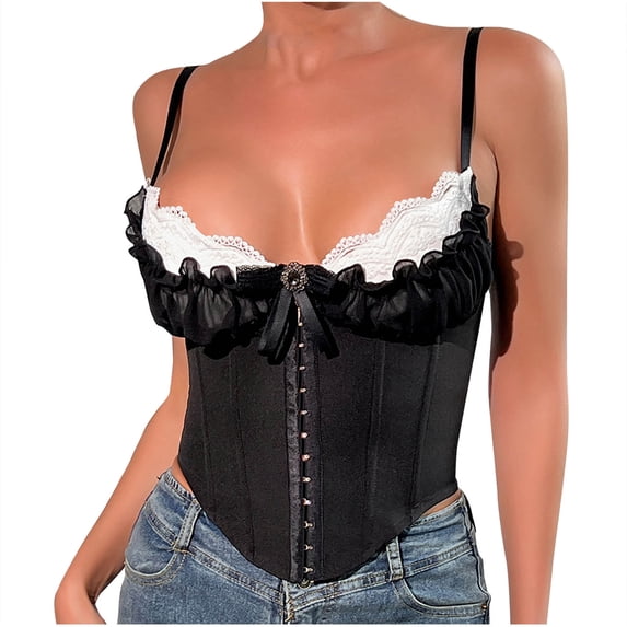 Kaemgyyd Lace Corset Tops for Women Cute Bow Spaghetti Strap Corset Top Fashion Going out Party Clubwear