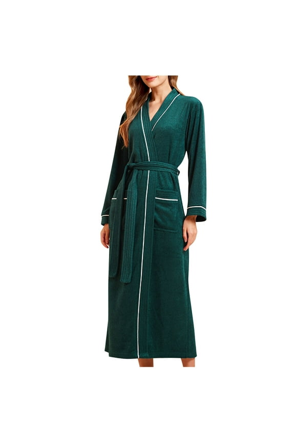 Lightweight Robes for Women Long Sleeve V Neck Bathrobe with Pockets Soft Comfy Belted Loungewear Loose Midi Sleepwear