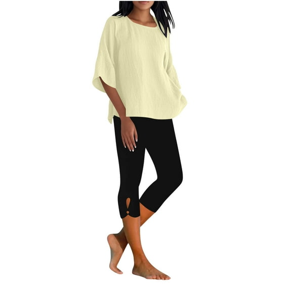 Kaemgyyd Linen Sets for Women 2 Piece Outfits Cotton Linen Scoop Neck 3/4 Sleeve Shirts and Capris Pant Sets Vacation Clothes