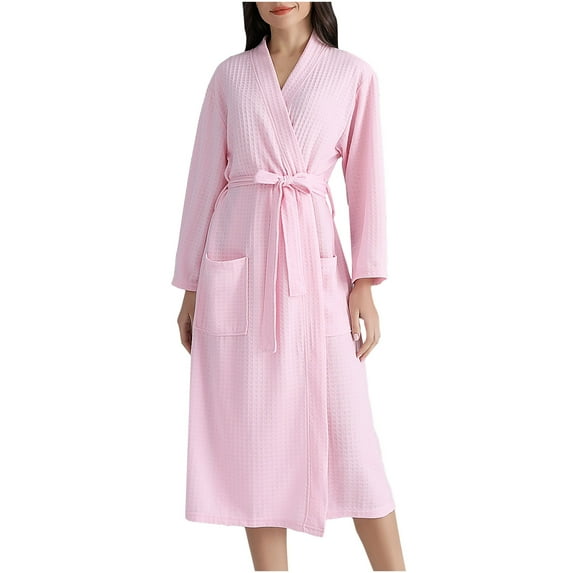Kaemgyyd Long Bathrobe for Women Lightweight Textured V Neck Long Sleeve Robe Soft Solid Color Sleepwear with Belt Loungewear