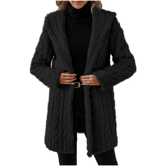 Kaemgyyd Long Cardigans for Women Fuzzy Sherpa Lined Open Front Warm Coat Lightweight Solid Fleece Hooded Outwear