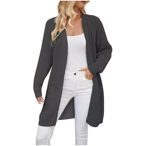 Kaemgyyd Long Cardigans for Women Trendy Open Front Knit Long Sleeve Coat Solid Color Cover up Outwear with Pockets