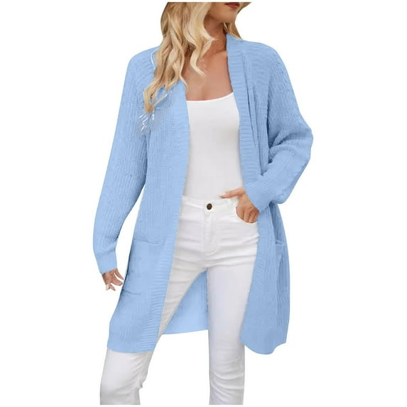 Kaemgyyd Long Cardigans for Women Trendy Open Front Knit Long Sleeve Coat Solid Color Cover up Outwear with Pockets
