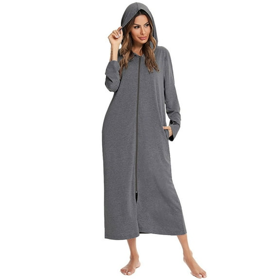 Kaemgyyd Long Housecoat for Women Full Length Zipper Hooded Robes Lightweight Long Sleeve Loungewear Bathrobes Comfort Nightgown Sleepwear