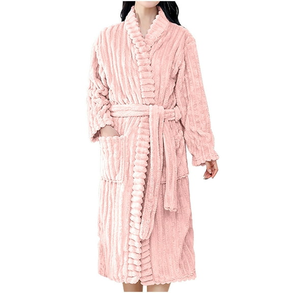 Kaemgyyd Long Robes for Women Winter Thermal Thick Plush Fleece Bathrobe Lightweight Quick Dry Textured Belted Loungewear