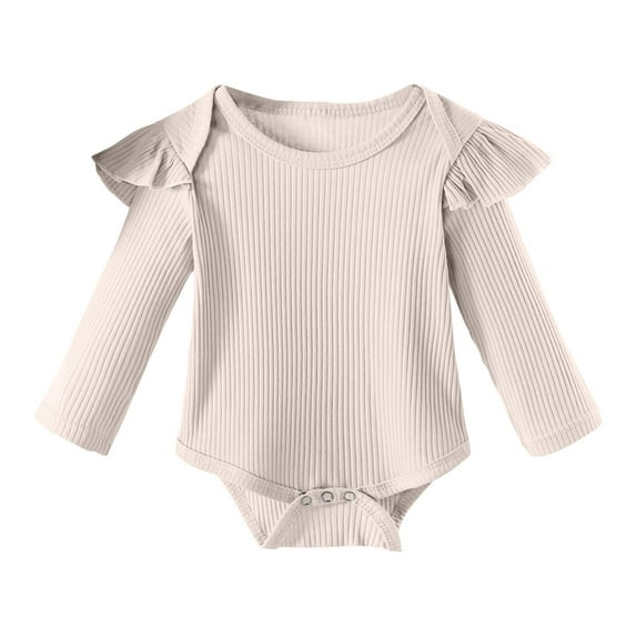 Kaemgyyd Long Sleeve Bodysuit for Baby Girls Unisex Newborn Ribbed Scoop Neck Fall Romper Cute Solid Ruffle One-Piece Clothes 0-18 M