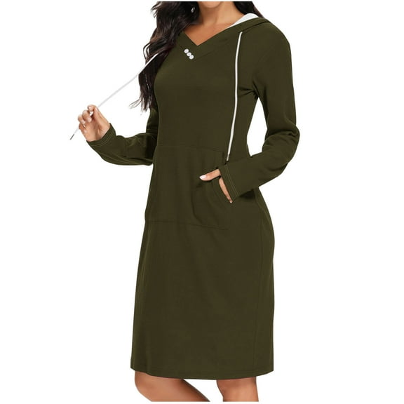 Kaemgyyd Long Sleeve Dress for Women Fashion Lightweight Pocket Midi Hoodie Dress Fall Sweatshirts Dress for Women