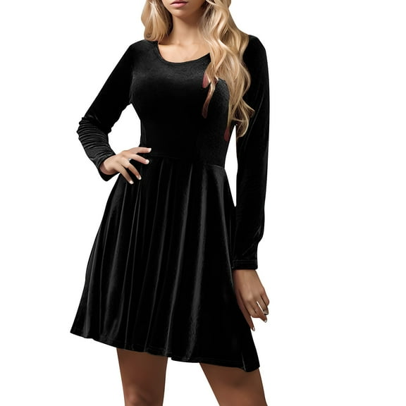 Kaemgyyd Long Sleeve Dress for Women Fleece Crewneck A-Line Flowy Dress Casual Solid Spring Fall Mini Dress Outfit