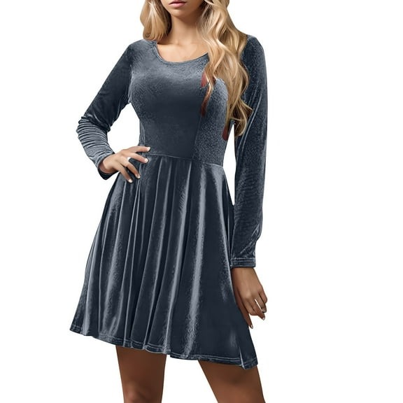 Kaemgyyd Long Sleeve Dress for Women Fleece Crewneck A-Line Flowy Dress Casual Solid Spring Fall Mini Dress Outfit