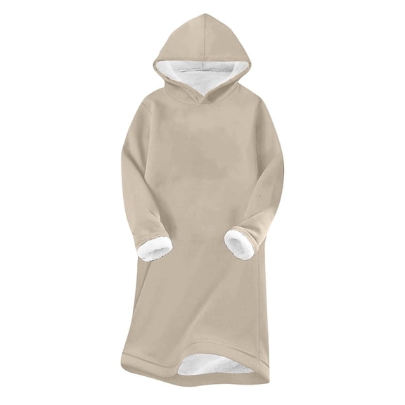 Kaemgyyd Long Sleeve Dress for Women Winter Warm Fleece Sherpa Lined Tunic Dress Soft Solid Hooded Sweatshirts Dresses