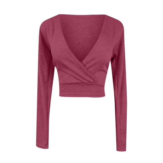 Kaemgyyd Long Sleeve Shirt for Women Fashion Slim Fit Yoga Tops Solid Basic V Neck Cropped T-Shirts Going out Fall Clothing
