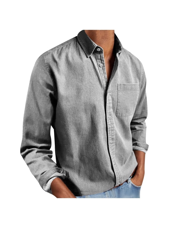 Long Sleeve Shirts for Men Solid Color Button down Tops with Pockets Casual Loose Collar Work Office Shirt