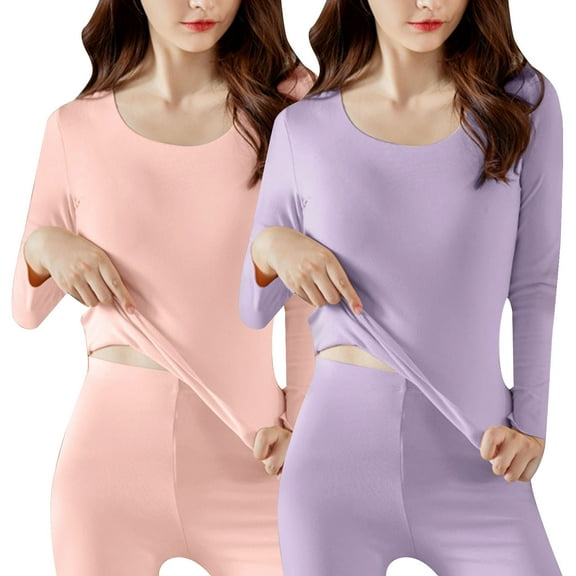 Kaemgyyd Long Sleeve Shirts for Women 2 Pack Fall Winter Thermal Warm Base Layer Pajamas Tops Stretch Solid Crew Neck Sleepwear