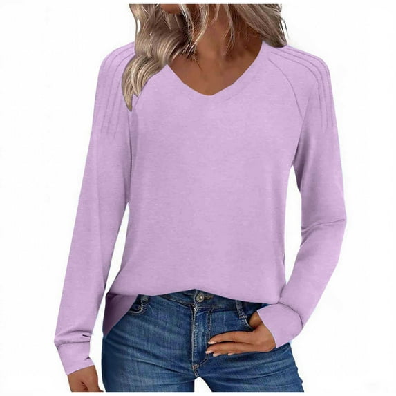 Kaemgyyd Long Sleeve Shirts for Women Casual Fashion Loose Fit Womens Tops Solid Color V Neck Basic Pullover Tunics Work Office